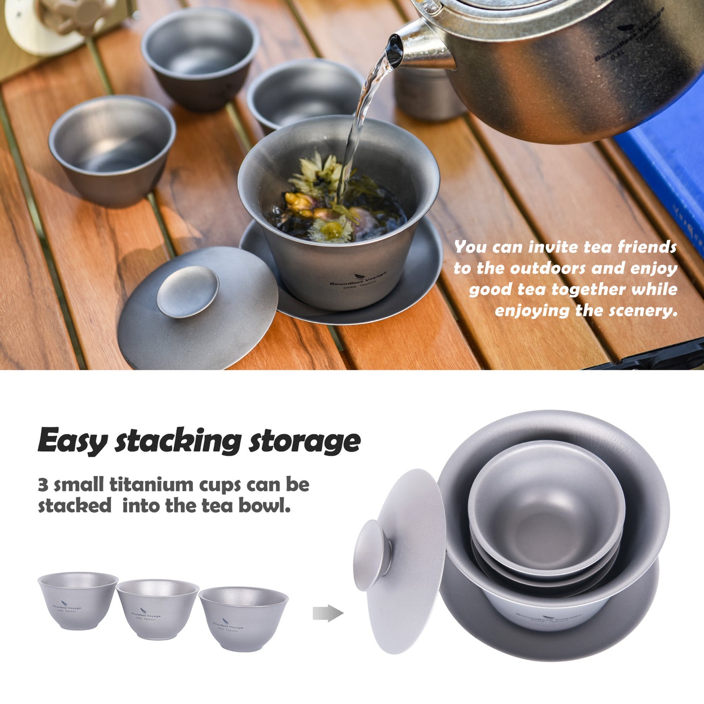 Boundless Voyage Titanium Gaiwan Kung Fu Tea Cup and Saucer with Lid Chinese Traditional Gaiwan Double Walled Durable Tea Bowl Teacup with Cover Lightweight Tea Set Outdoor Camping Portable Tureen