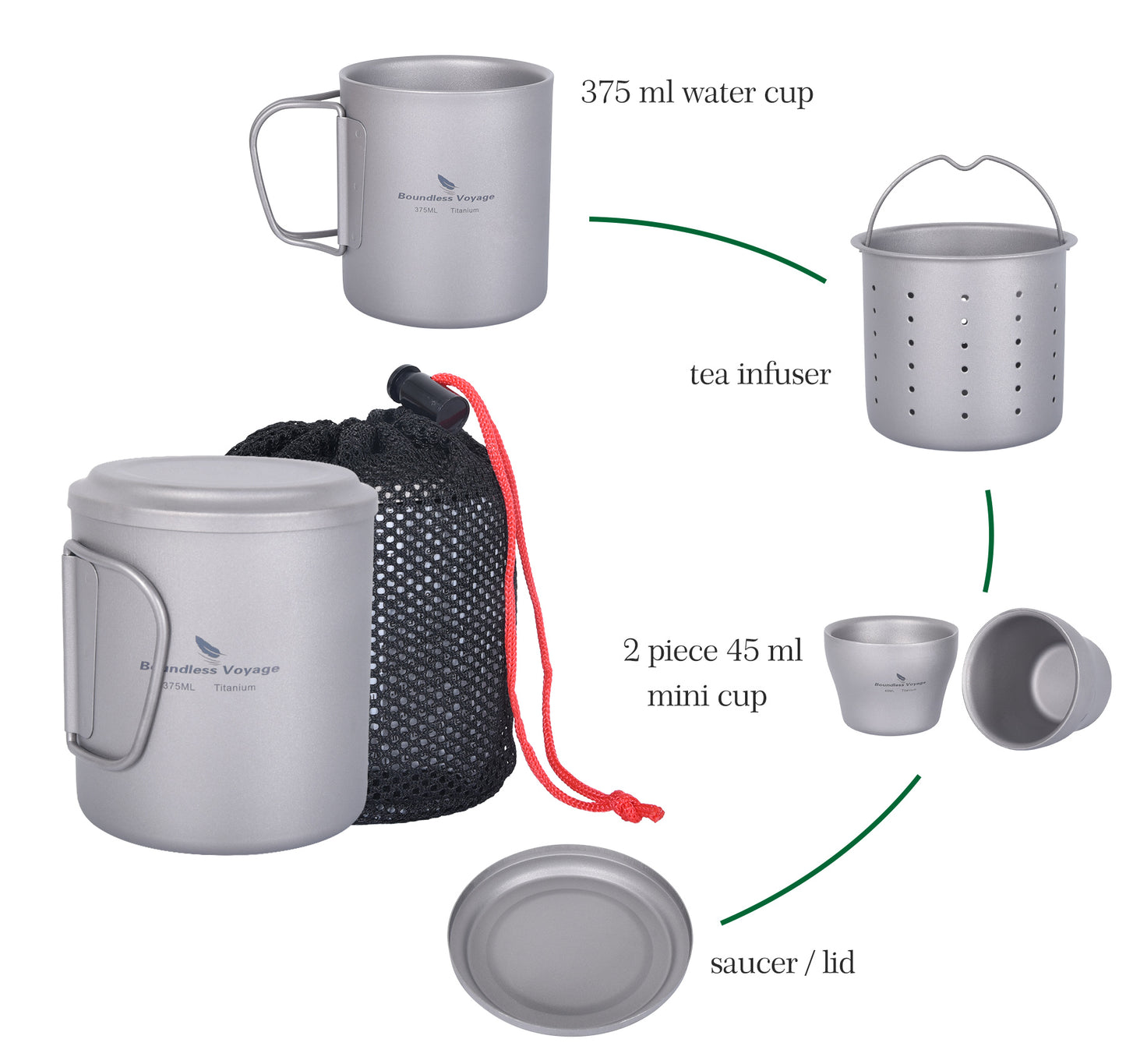 Boundless Voyage Titanium Double-walled Tea Mug with Strainer Shot Glass Outdoor Camping Portable Coffee Cup Set