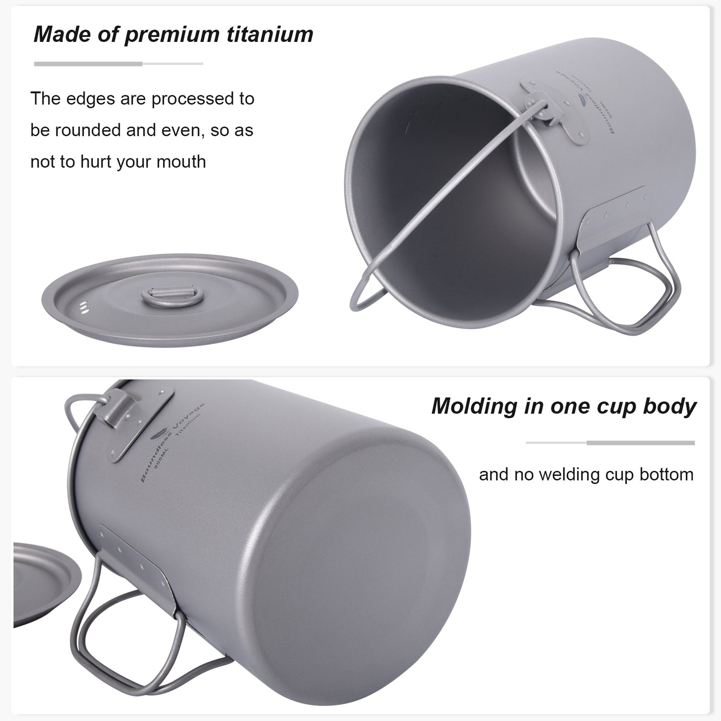 Boundless Voyage Titanium 900ml Camping Mug Pot – Ultralight Hanging Cup with Folding Handle for Hiking, Cooking & Outdoor Use