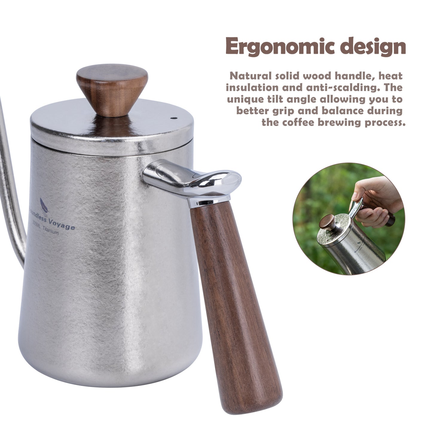 Boundless Voyage 300ml Titanium Pour Over Coffee Kettle with Beech Wood Handle – For Home, Office & Camping