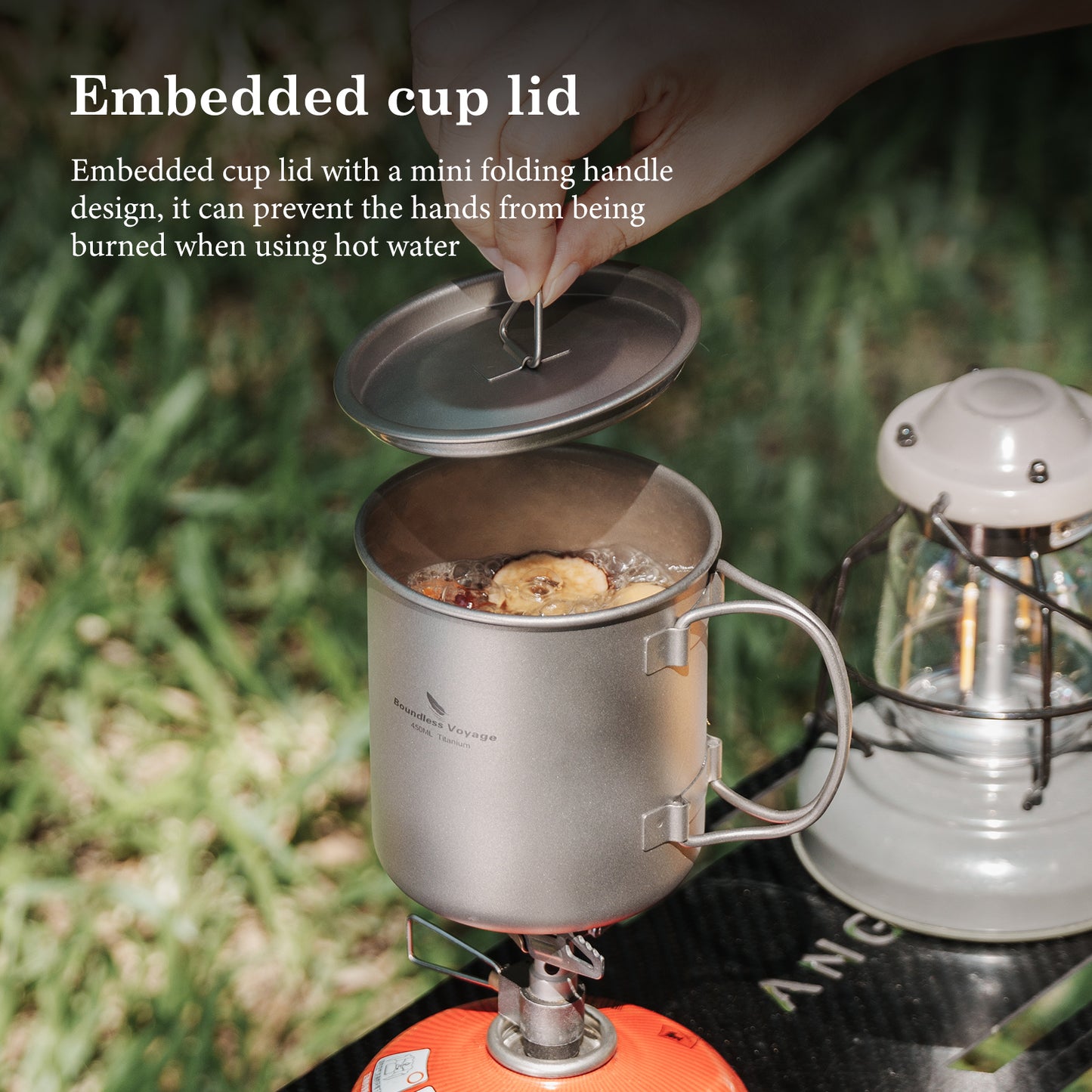 Boundless Voyage Outdoor Titanium Cup 420ml With Lid Camping Mug Foldable Handle Outdoor Hiking Ultralight Portable Water Coffee Tea Cup