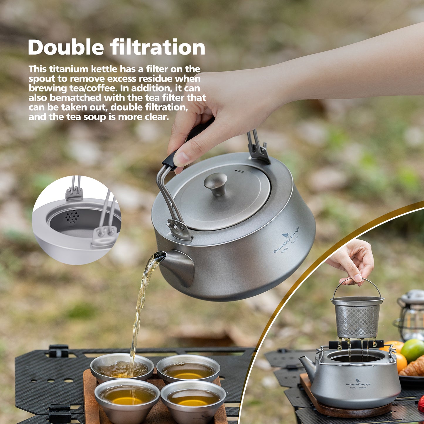Boundless Voyage 800ML Titanium Kettle with Filter & Folding Handle Ultralight Teapot Outdoor Camping Water Jug for Loose Tea