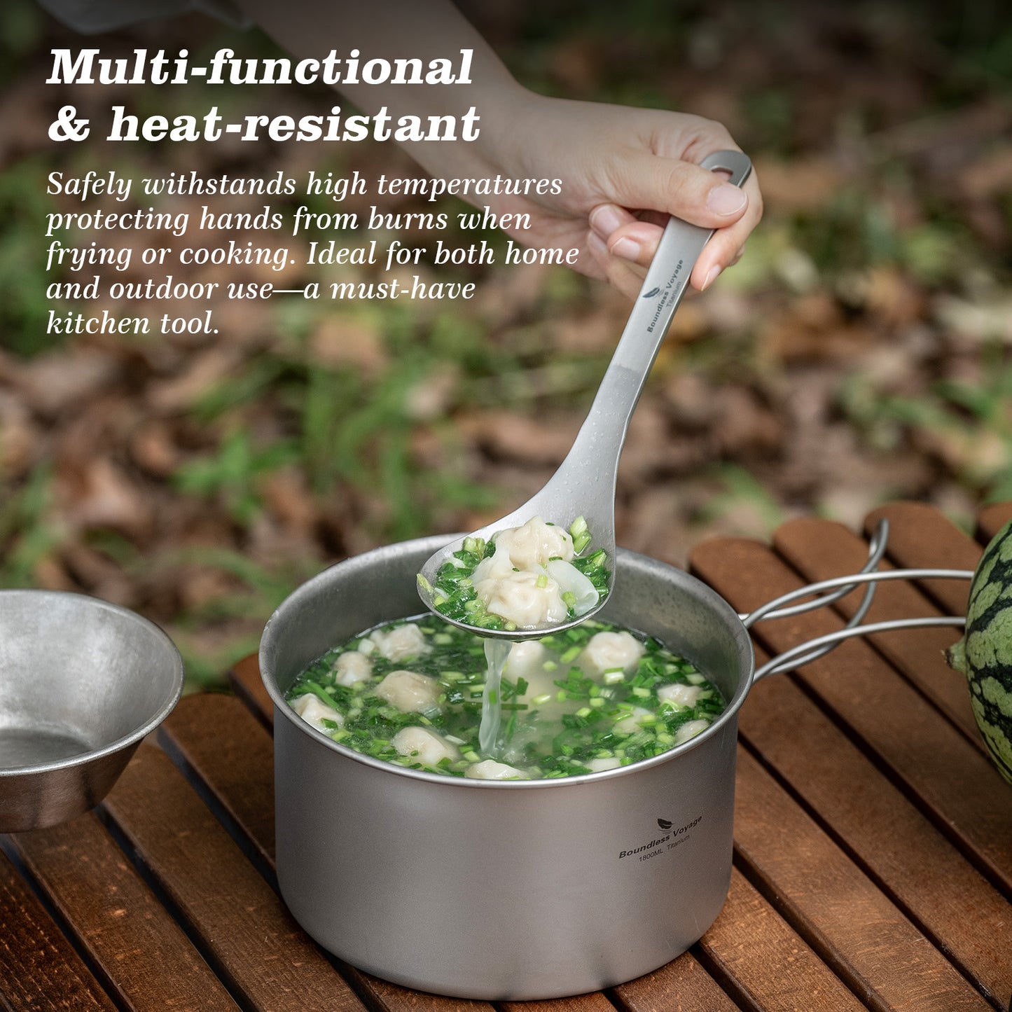 Boundless Voyage Ultralight Titanium Soup Skimmer & Colander – Long Handle Portable Cooking Tool for Frying & Kitchen Use