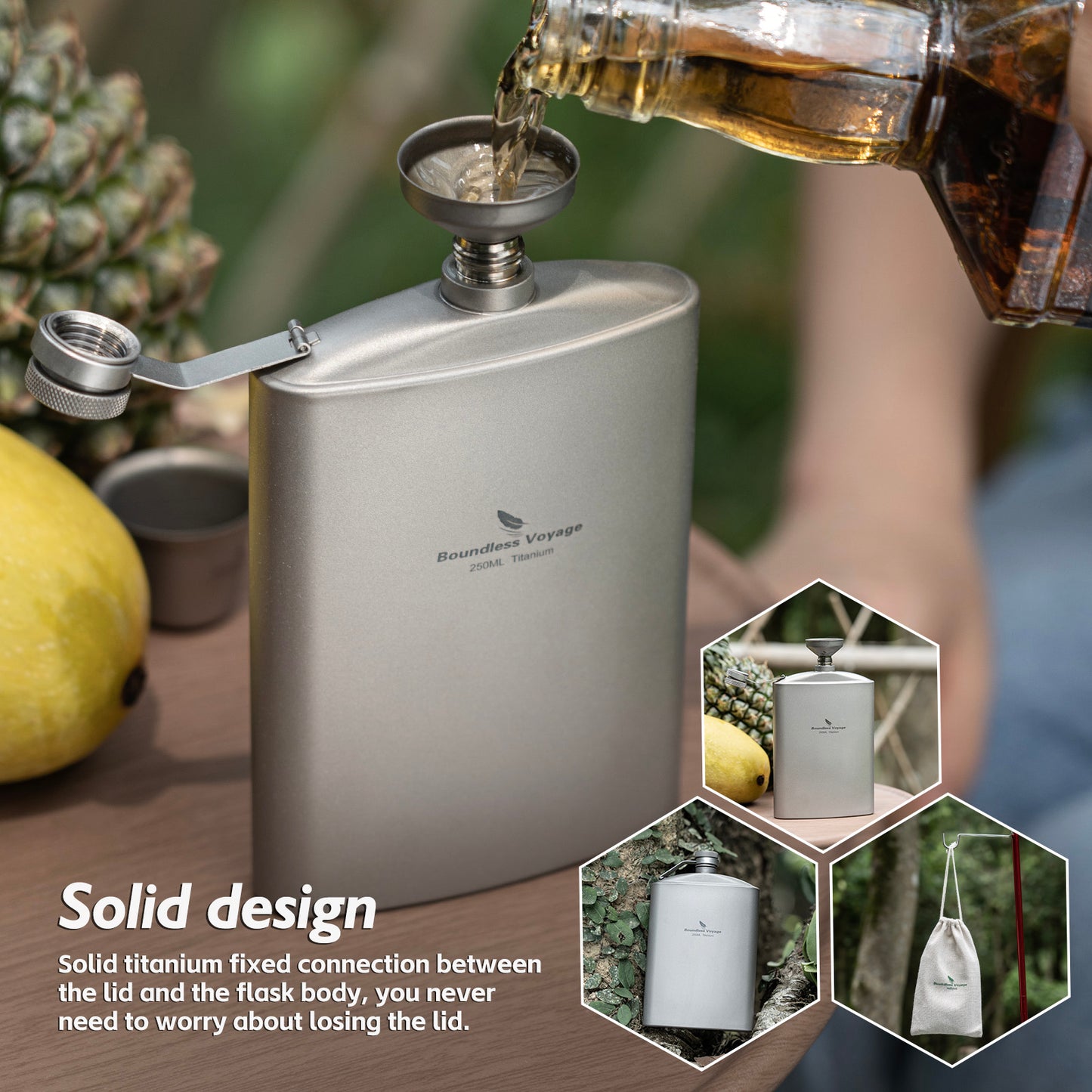 Boundless Voyage Outdoor Titanium Hip Flask with Funnel Camping Hiking Climbing Pocket Alcohol Whiskey Flask Flagon Wine Cup Mug Pot 8.5oz/250ml & 150ml Cup