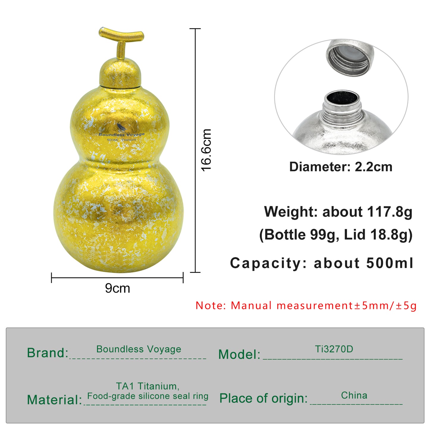 Boundless Voyage Premium Titanium Gourd Flask | 500ml Crystallized Ice-Texture Canteen | Ultralight & Rustproof Alcohol Drinkware for Hiking & Camping