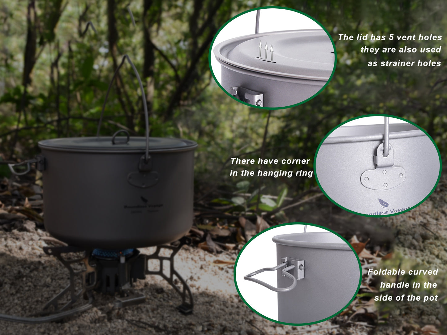 Boundless Voyage For Outdoor Camping Titanium Pot 1300ml with Lid Folding Handle Hiking Picnic Portable Soup Pot