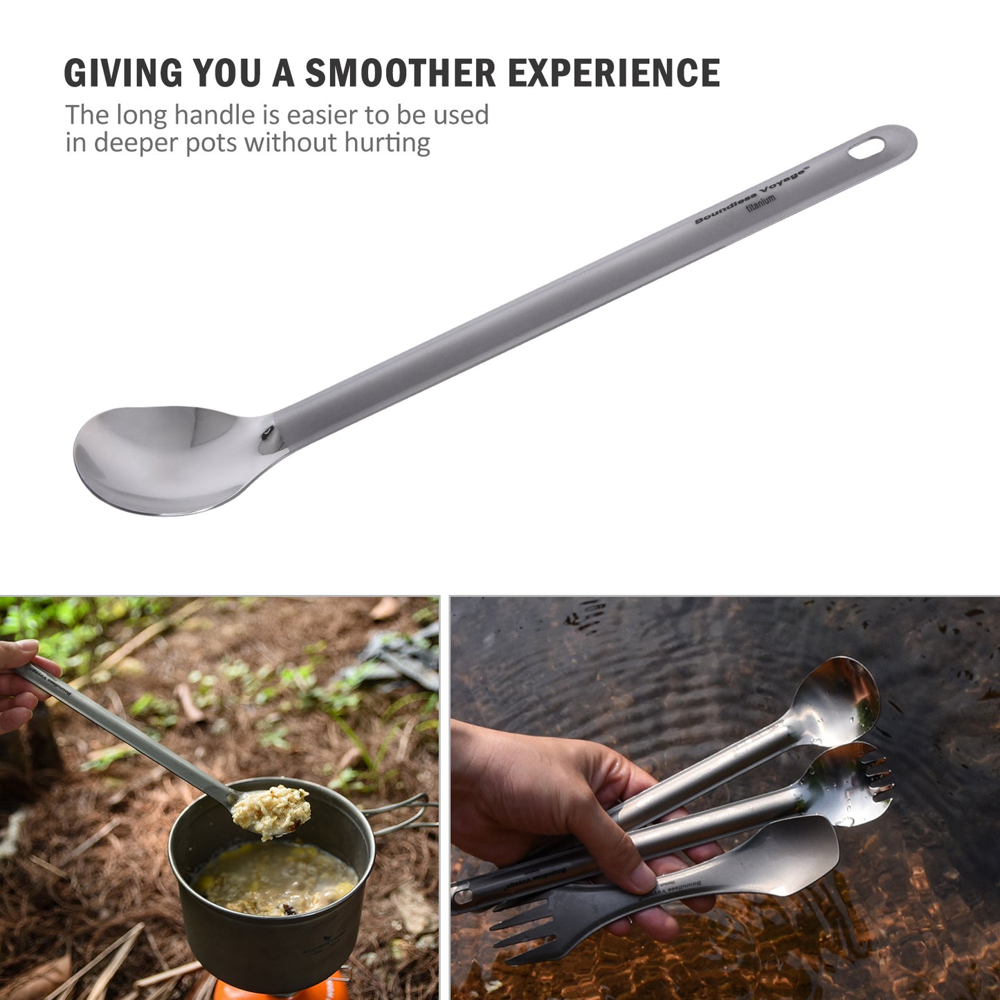 Boundless Voyage Titanium Long Handle Spoon with Hook Outdoor Camping Ultralight Straight Handle Polished Cutlery Tableware