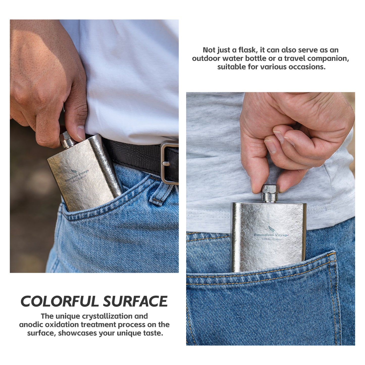 Boundless Voyage 100ml Colorful Titanium Flask – Ultralight Mini Ti Bottle for Whiskey, Wine, Water & Outdoor Travel
