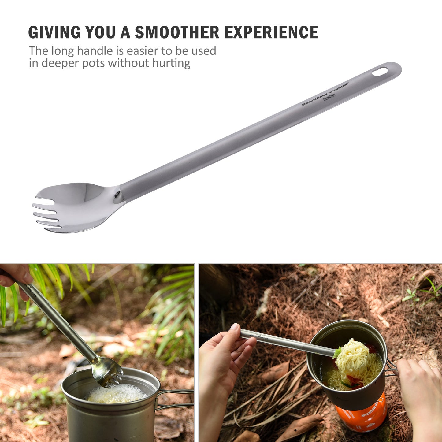 Boundless Voyage Titanium Long Handle Spork with Hook Outdoor Camping Ultralight Straight Handle Polished Cutlery Tableware