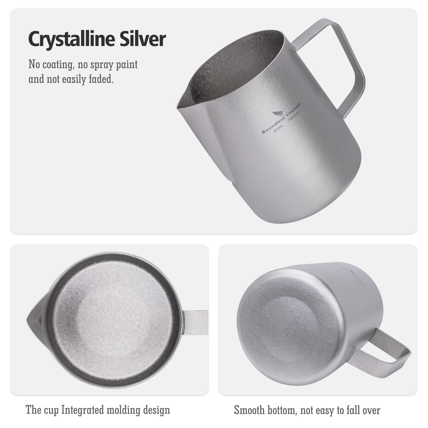 Boundless Voyage Titanium Espresso Steaming Pitcher – Milk Frother Cup with Round Spout for Barista Latte Art & Coffee