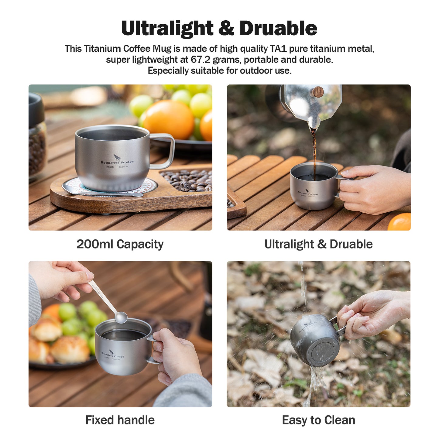 Boundless Voyage 200ml Titanium Double Wall Mug Metal Coffee Tea Cup Mini Espresso Cup Outdoor Camping Travel Ultralight Durable Portable Drinkware