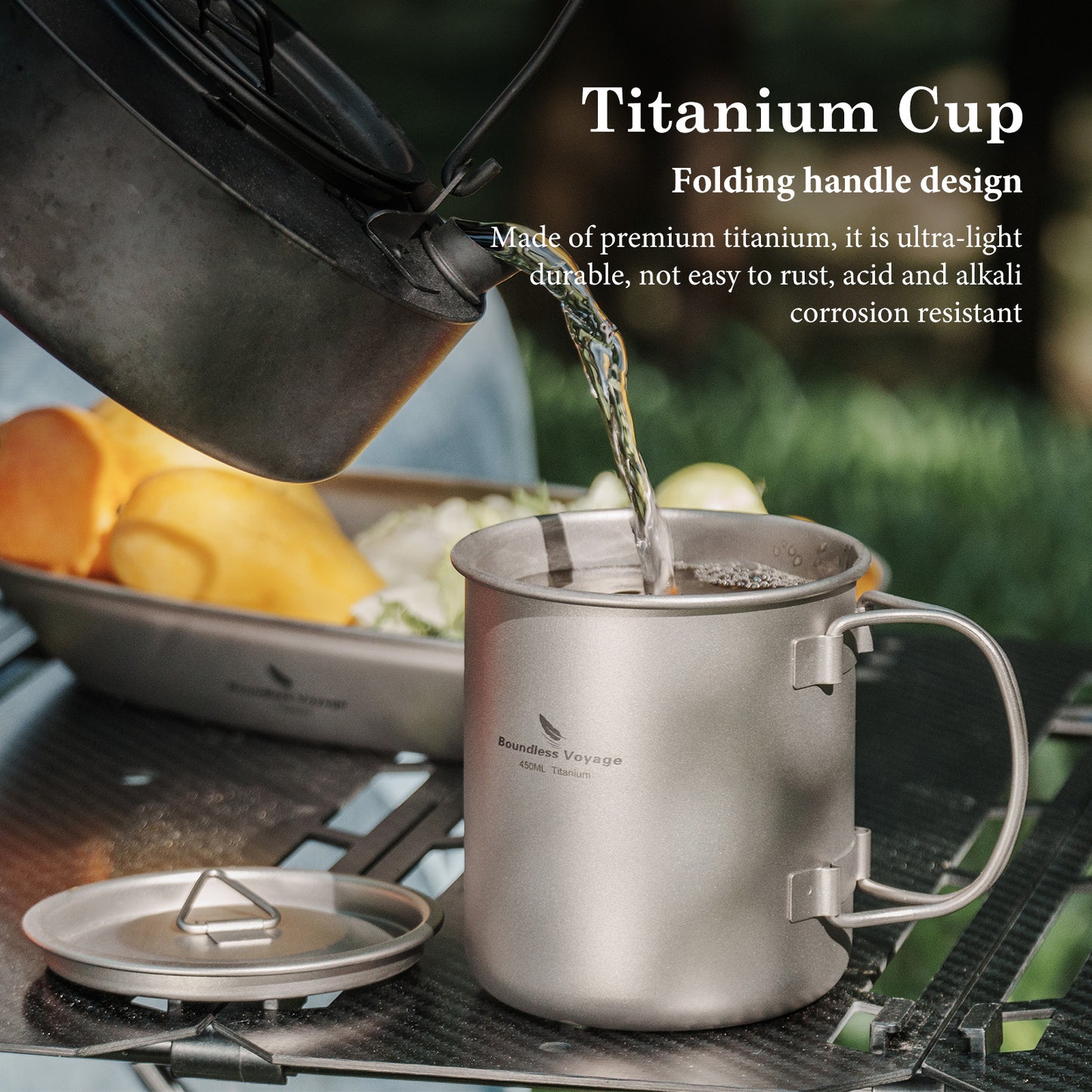 Boundless Voyage Outdoor Titanium Cup 420ml With Lid Camping Mug Foldable Handle Outdoor Hiking Ultralight Portable Water Coffee Tea Cup