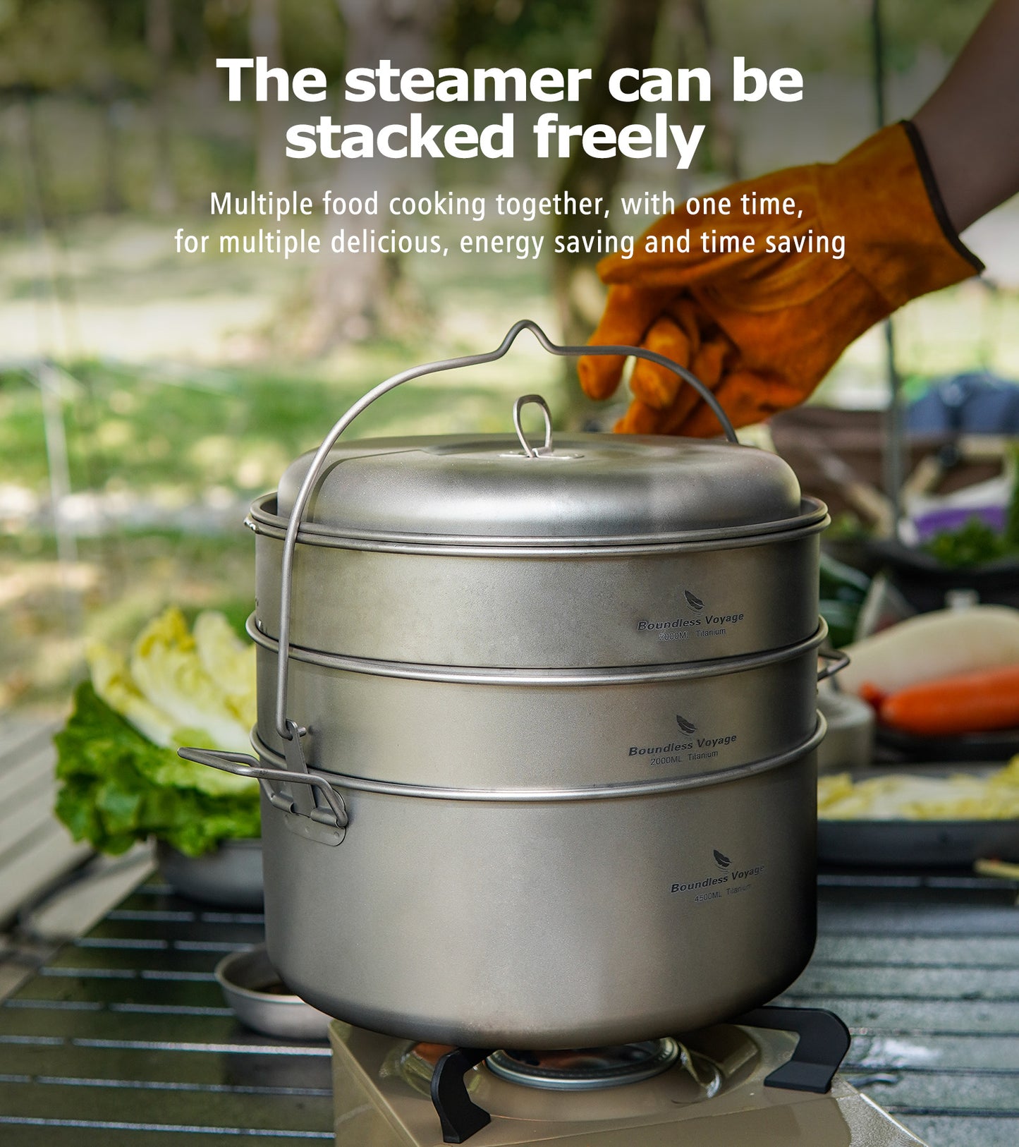 Boundless Voyage Titanium Steamer & Soup Pot Set – 4.5L + 2L Ultralight Camping Cookware for Outdoor Hiking, Picnic & Travel For 3-5 Person