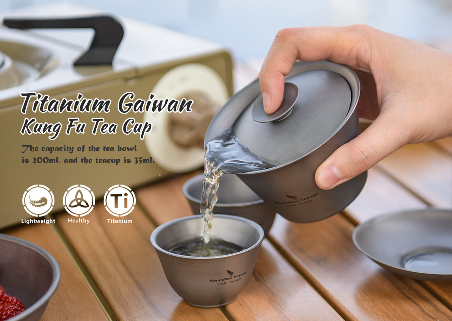 Boundless Voyage Titanium Gaiwan Kung Fu Tea Cup and Saucer with Lid Chinese Traditional Gaiwan Double Walled Durable Tea Bowl Teacup with Cover Lightweight Tea Set Outdoor Camping Portable Tureen