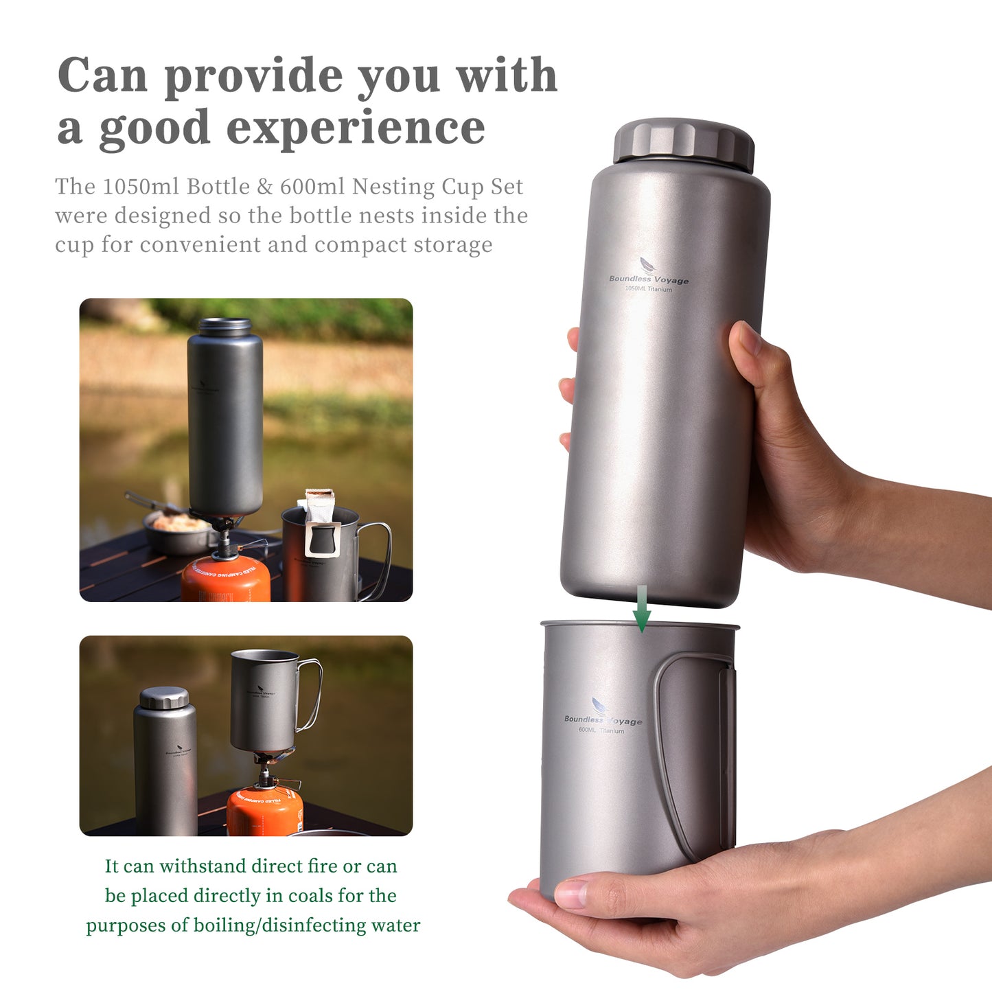 Boundless Voyage Titanium Bottle with Nesting Cup Lightweight Portable for Hiking Camping Water bottle Titanium mug