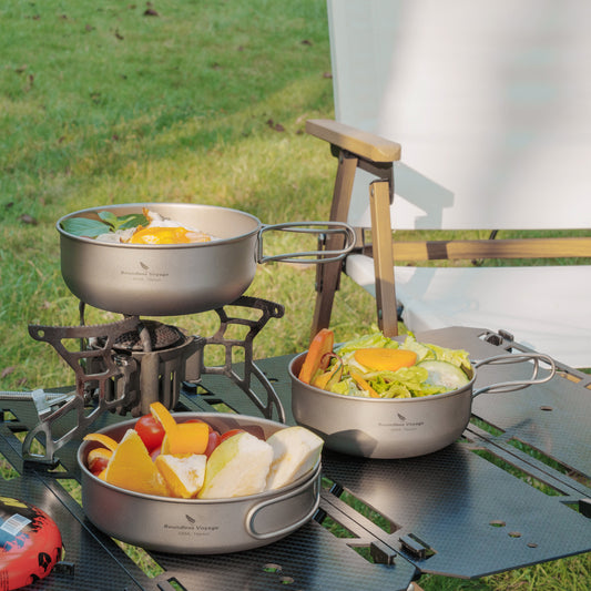 Boundless Voyage 3-Piece Ultralight Titanium Bowl & Pan Set | 500ml+550ml+650ml Nesting Cookware Kit | Portable Camping Mess Kit & Frying Pan for Backpacking & Picnic