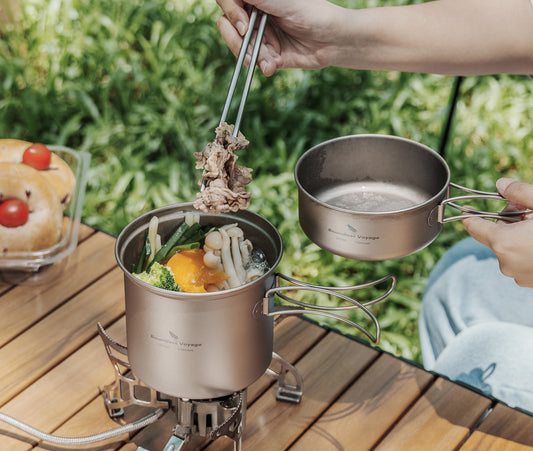 Boundless Voyage TA1 Titanium Camping Pot & Pan Set – Ultralight Portable Cooking Mess Kit for Hiking, Backpacking, Picnic & Outdoor Adventures