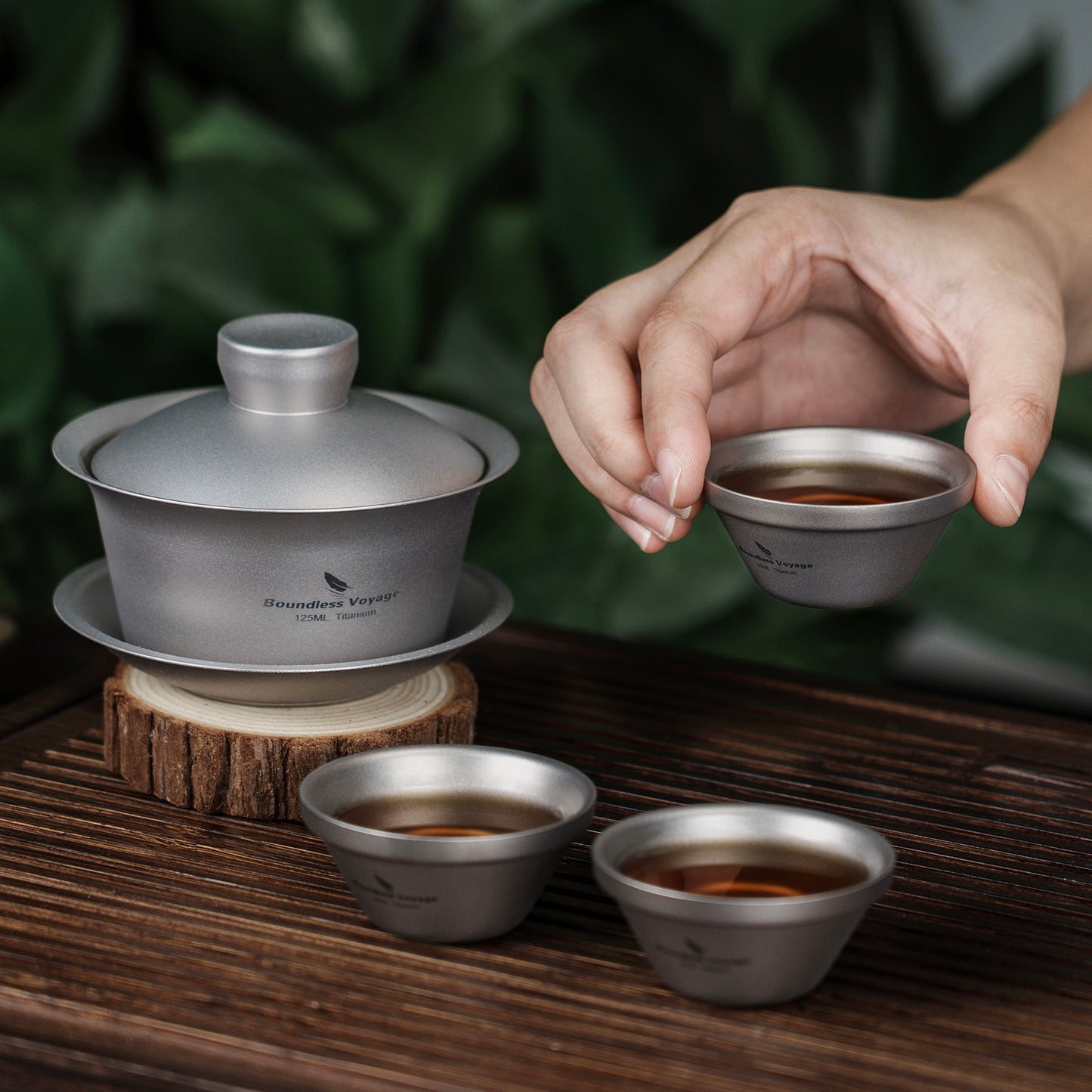 Boundless Voyage Titanium Tea Cup with Lid Traditional Chinese Kung Fu Gaiwan Double-Walled Anti-Scalding Tea Bowl Lightweight Portable Tea Set With 25ml Cup 3PCS