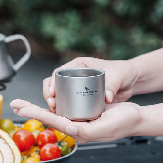 Boundless Voyage 75ml Titanium Double-Wall Cup | 2.5oz Ultralight Insulated Mini Espresso & Tea Mug | Heat-Resistant Non-Toxic Small Travel Cup with Storage Bag for Camping & Home