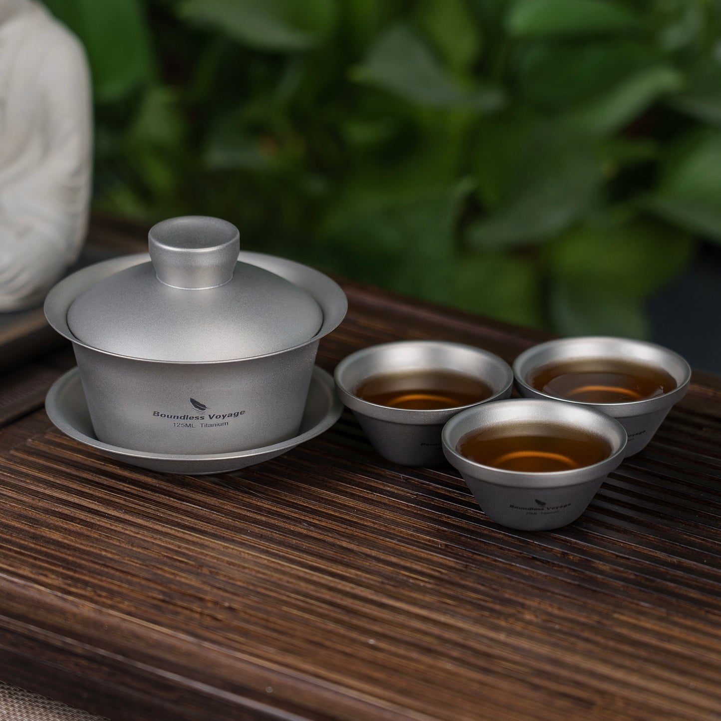 Boundless Voyage Titanium Tea Cup with Lid Traditional Chinese Kung Fu Gaiwan Double-Walled Anti-Scalding Tea Bowl Lightweight Portable Tea Set With 25ml Cup 3PCS