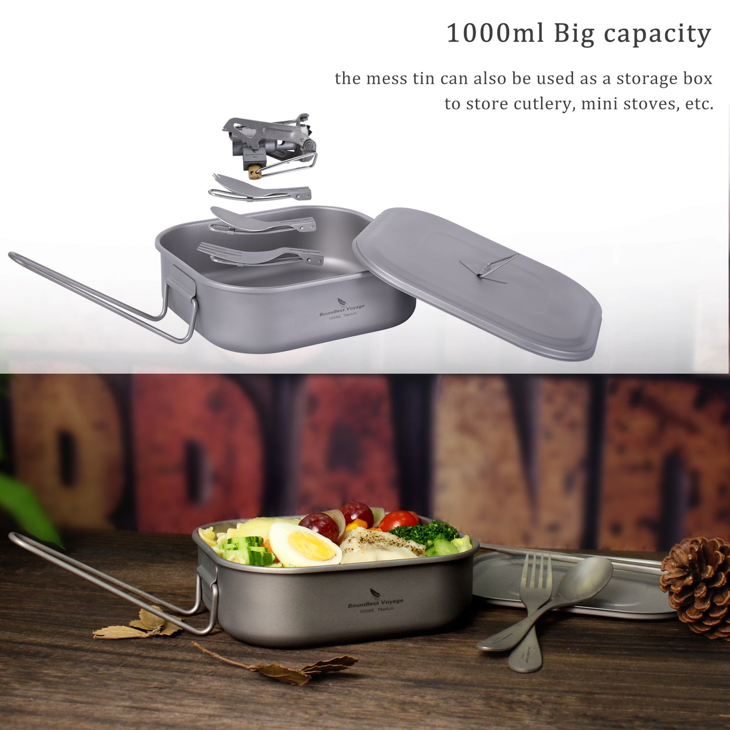 Boundless Voyage Outdoor Titanium Military Mess Tin with Lid & Folding Handle – 1000ml | Ultralight Camping Bushcraft Cookware, Lunch Box, Bowl & Pan
