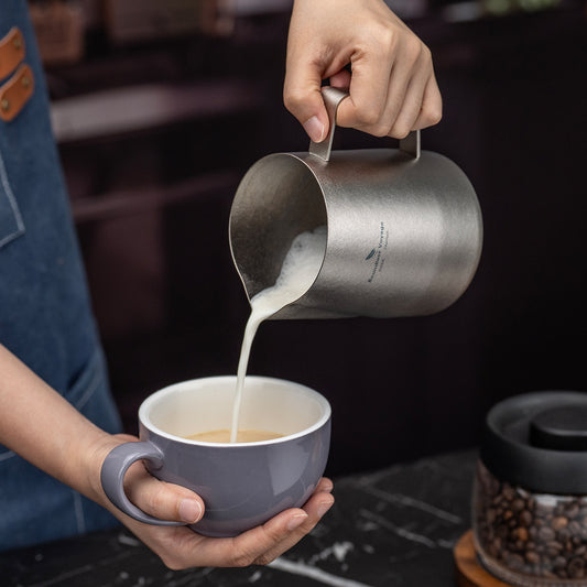Boundless Voyage Titanium Espresso Steaming Pitcher – Milk Frother Cup with Round Spout for Latte Art & Coffee