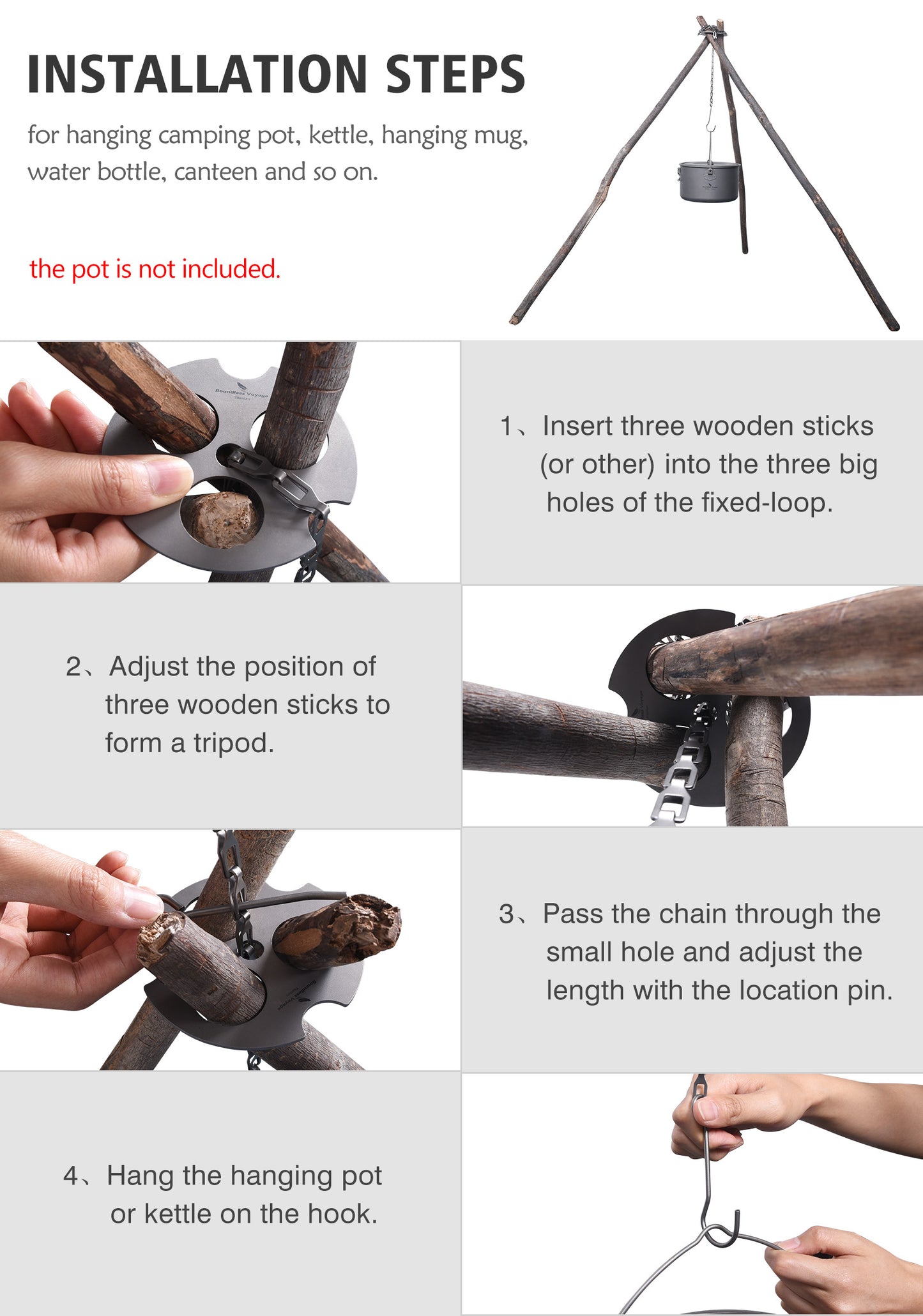 Boundless Voyage Titanium Hanging Chain with Hooks Fixed-loop for Pot Cup Grill Hanging Bird Feeders Hanging Basket Outdoor Indoor Camping Garden