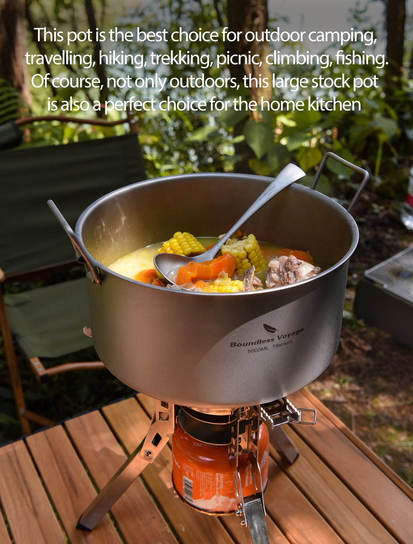 Boundless Voyage Outdoor Camping Titanium Pot 5.0L Stockpot with Lid Folding Handle Hiking Picnic Portable Big Capacity Soup Pot Home Kitchen