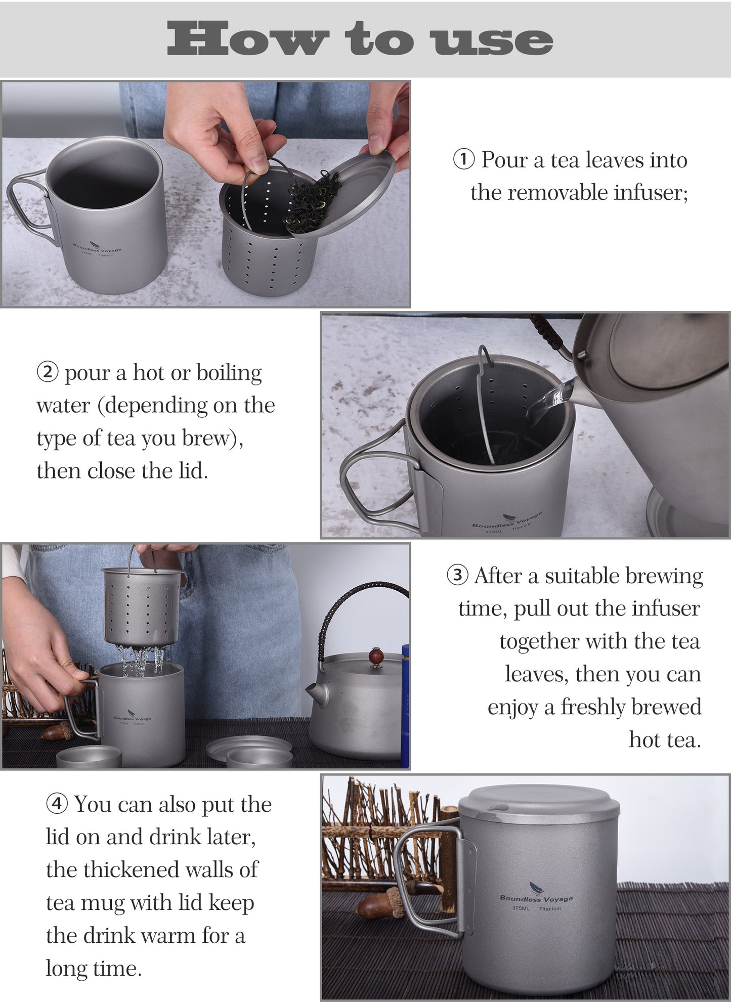 Boundless Voyage Titanium Double-walled Tea Mug with Strainer Shot Glass Outdoor Camping Portable Coffee Cup Set