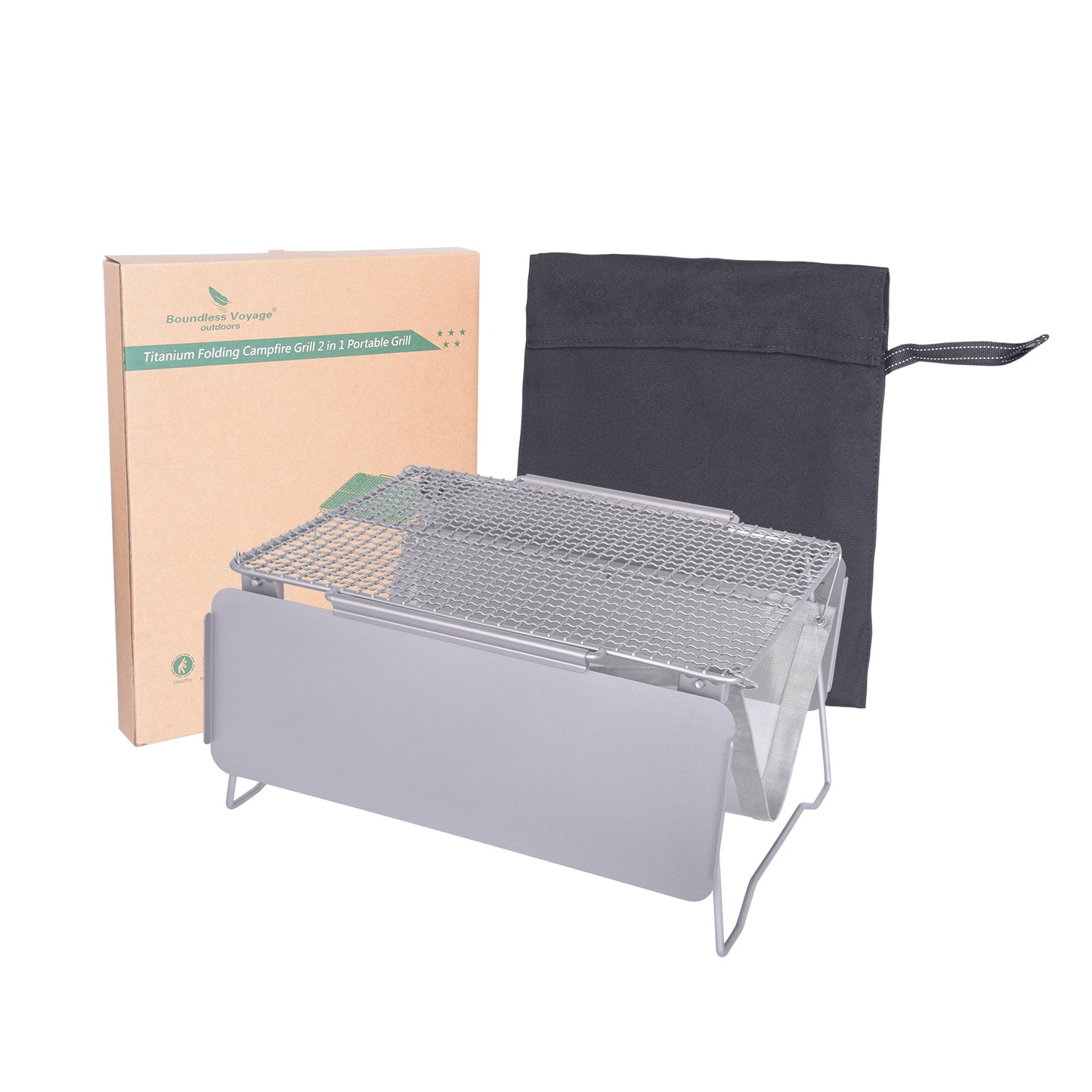 Boundless Voyage TA1 Titanium 2-in-1 Folding Campfire Grill – Portable Outdoor BBQ Table with Frying Plate & Collapsible Legs for Camping, Picnic & Backpacking