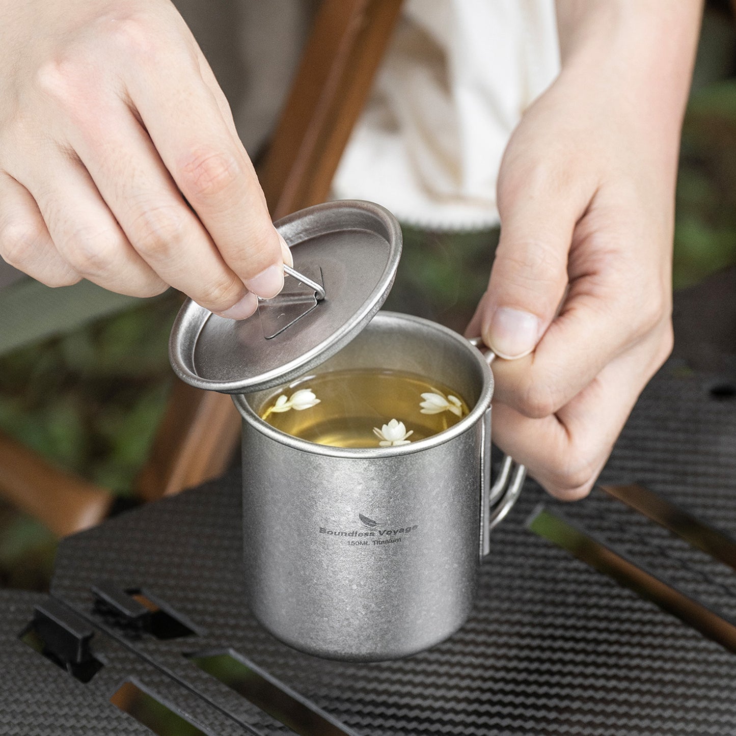 Boundless Voyage 150ml Titanium Camping Mug with Lid – Ultralight Cup with Folding Handles for Hiking, Backpacking & Outdoor Cooking