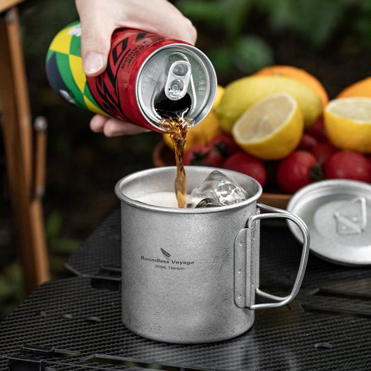 Boundless Voyage Titanium Camping Cup 350ml – Single-Wall Mug with Lid & Folding Handles for Backpacking & Outdoor Use