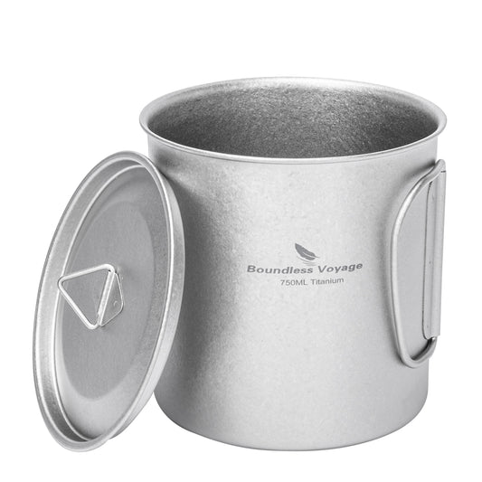 Boundless Voyage 750ml Titanium Camping Mug with Lid – Ultralight Pot Cup with Folding Handles for Backpacking & Outdoor Cooking