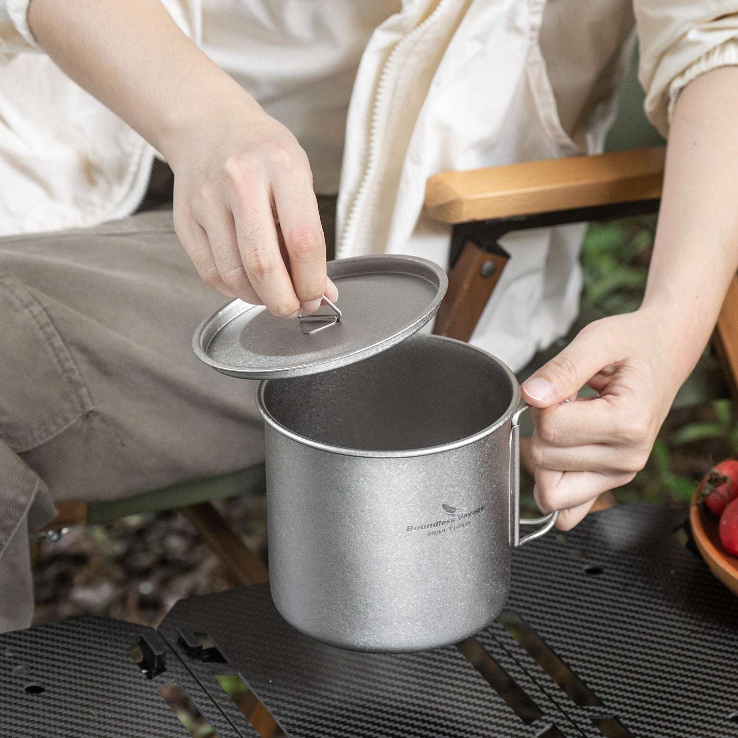Boundless Voyage 950ml Titanium Camping Mug with Lid – Ultralight Pot Cup with Folding Handles for Backpacking & Outdoor Cooking