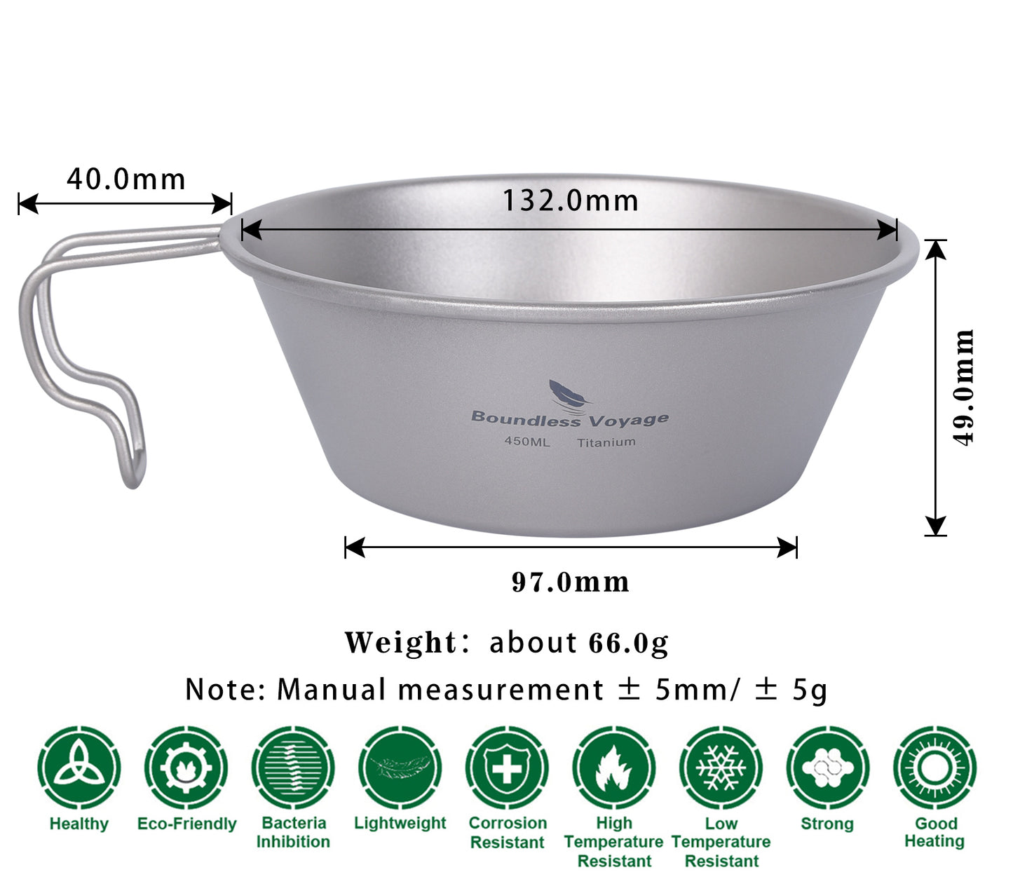Boundless Voyage Titanium Sierra Cup Bowl with Handle Outdoor Camping Hiking Portable Mug Pan Tableware 450ml
