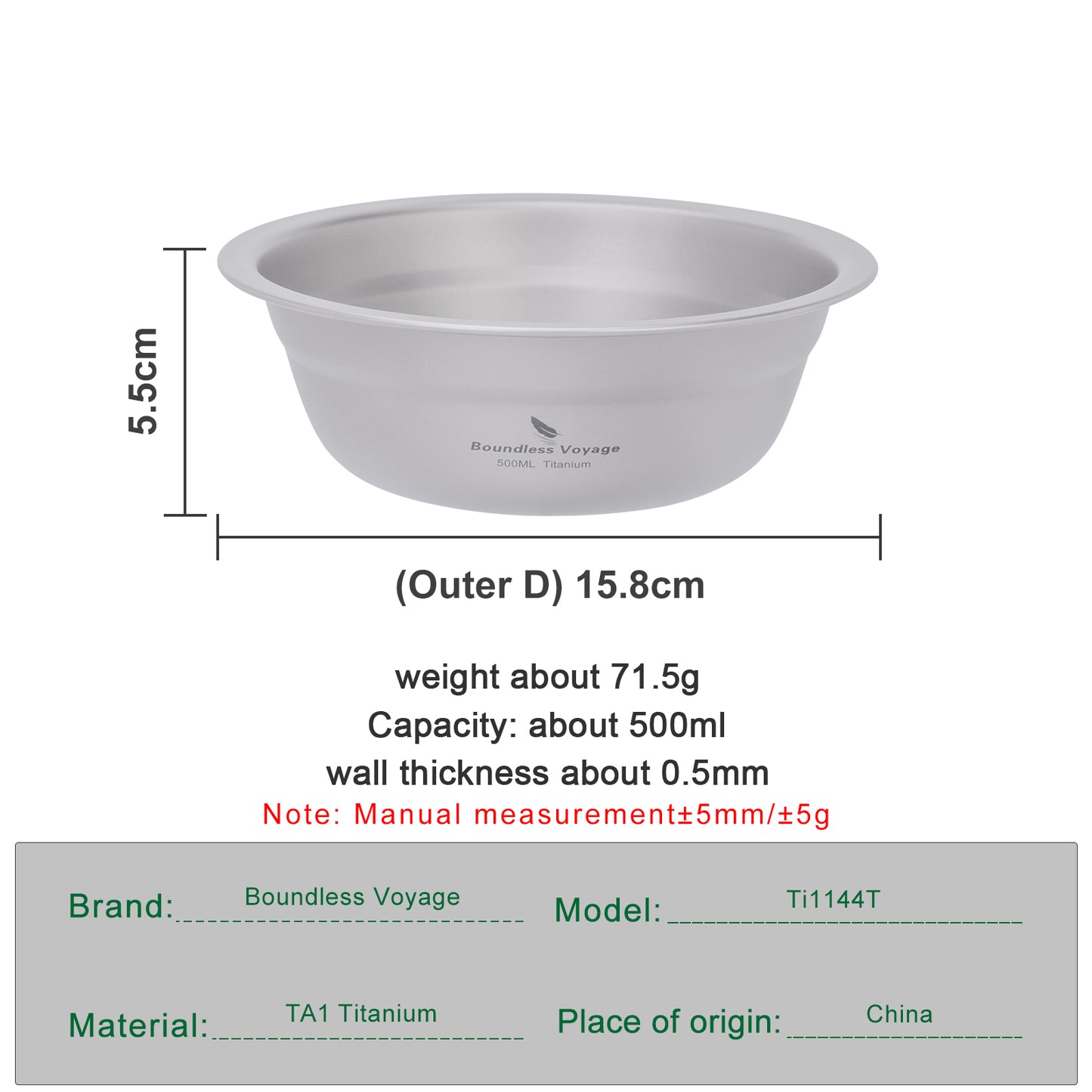Boundless Voyage Titanium Bowl 500ml – Ultralight & Portable Camping Tableware for Outdoor Adventures