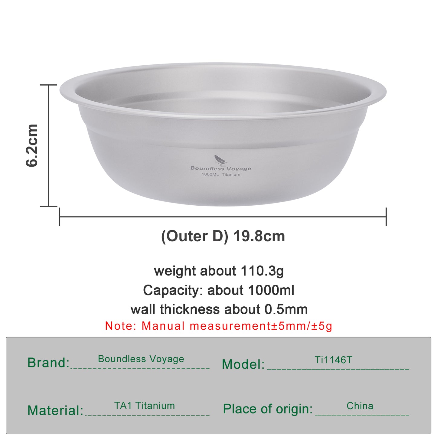 Boundless Voyage Titanium Bowl Rice Soup Salad Serving Bowl Ultralight Outdoor Camping Travel Durable Portable Tableware 1000ML