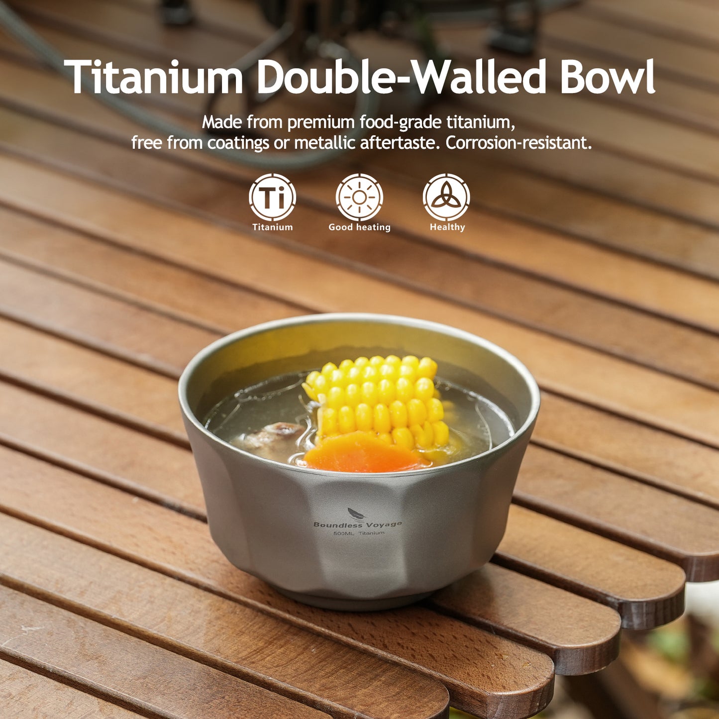 Boundless Voyage 500ml Titanium Double-Walled Bowl – Anti-Scalding, Lightweight & Rust-Proof for Camping, Hiking, Outdoor & Home Use