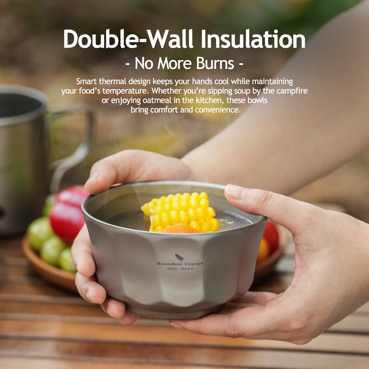 Boundless Voyage 500ml Titanium Double-Walled Bowl – Anti-Scalding, Lightweight & Rust-Proof for Camping, Hiking, Outdoor & Home Use