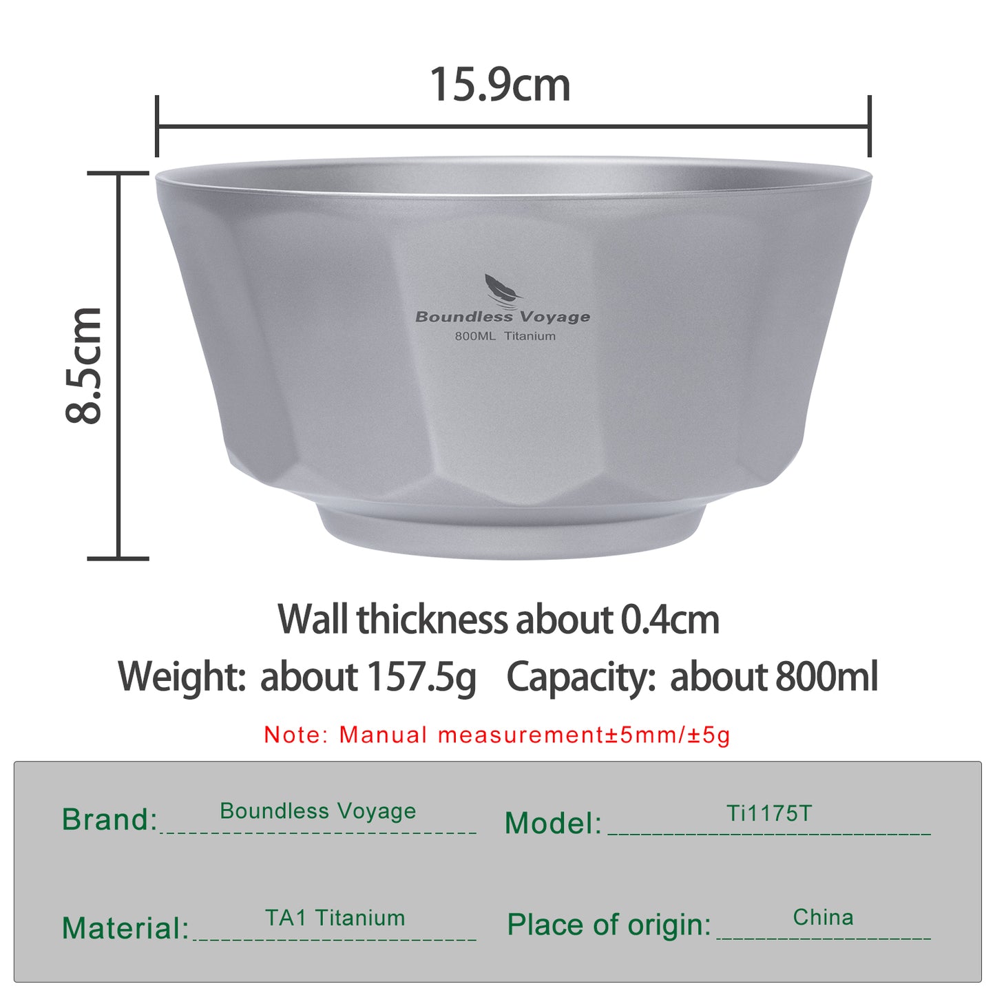 Boundless Voyage Titanium Double-Walled Bowl 800ml Anti-Scalding Lightweight, Rust-Proof, for Camping, Hiking, Outdoor & Home Use