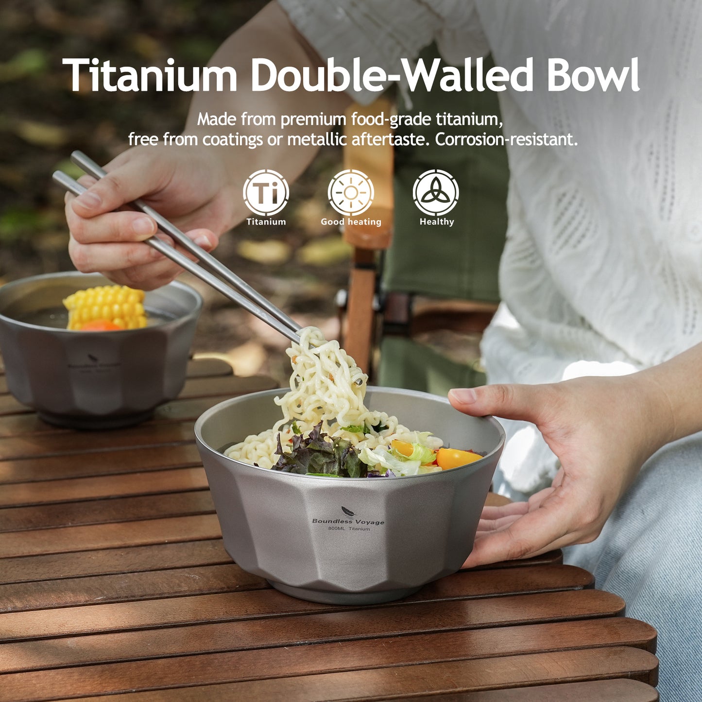 Boundless Voyage Titanium Double-Walled Bowl 800ml Anti-Scalding Lightweight, Rust-Proof, for Camping, Hiking, Outdoor & Home Use