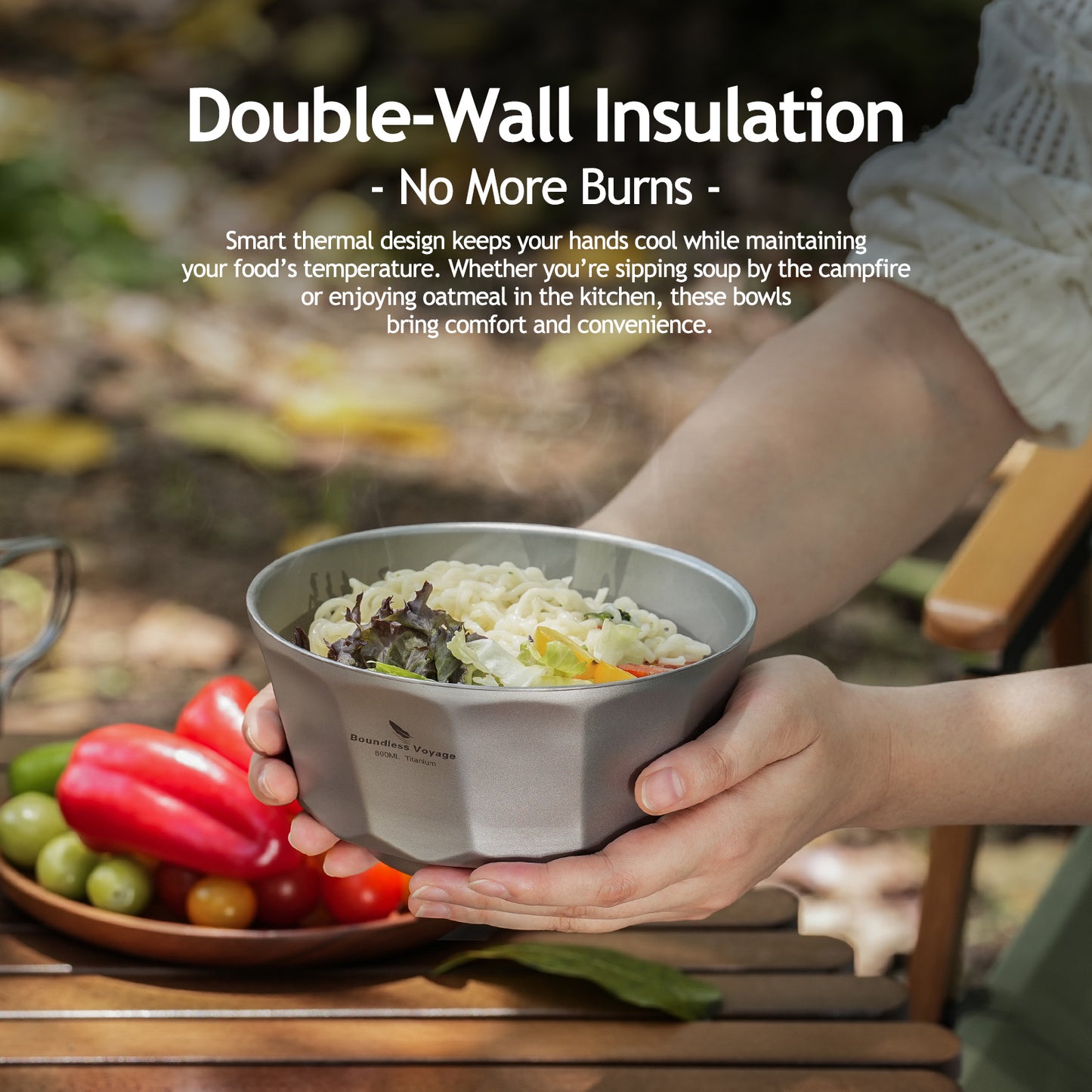 Boundless Voyage Titanium Double-Walled Bowl 800ml Anti-Scalding Lightweight, Rust-Proof, for Camping, Hiking, Outdoor & Home Use