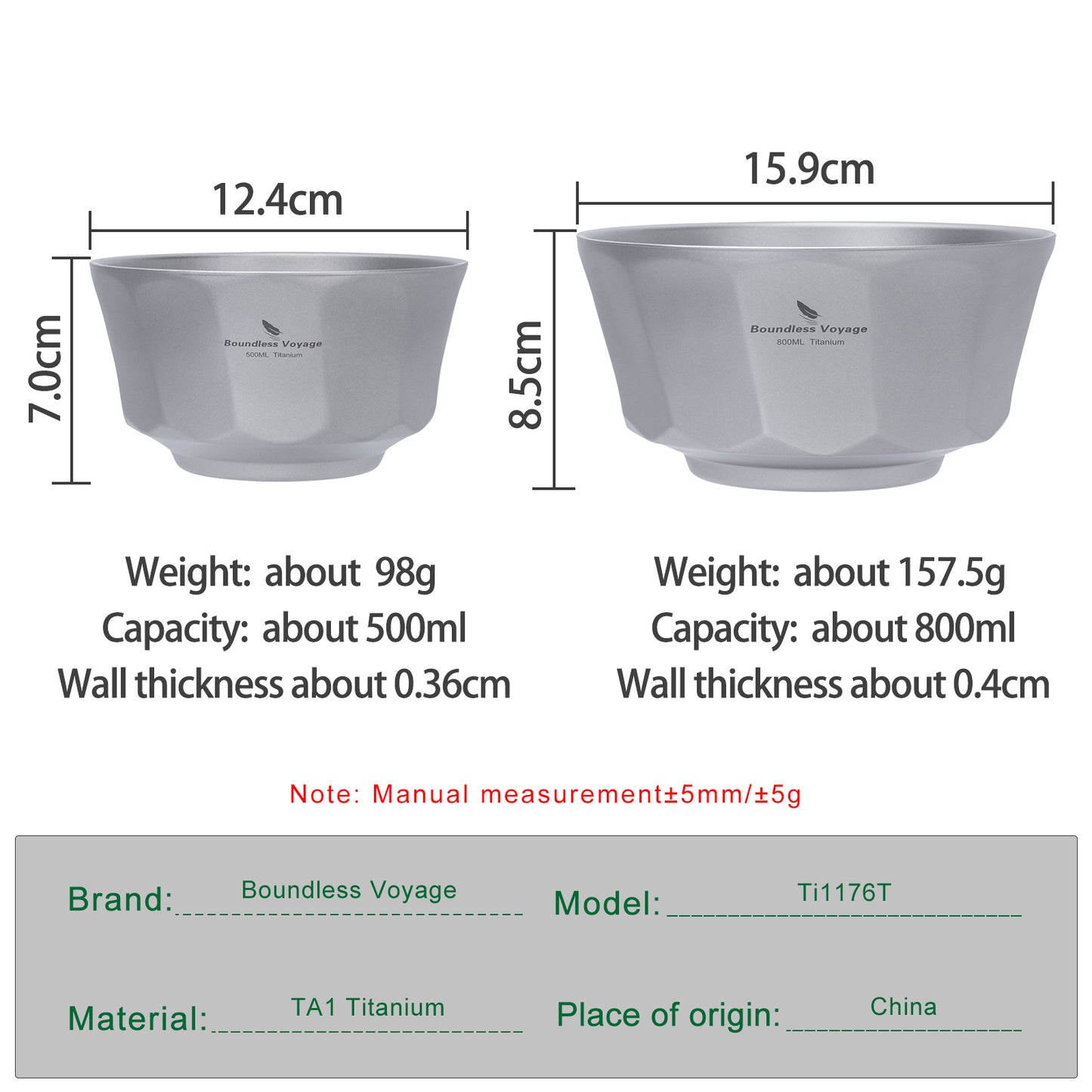 Boundless Voyage Titanium Double-Walled Bowl 500ml & 800ml Anti-Scalding Lightweight, Rust-Proof, for Camping, Hiking, Outdoor & Home Use