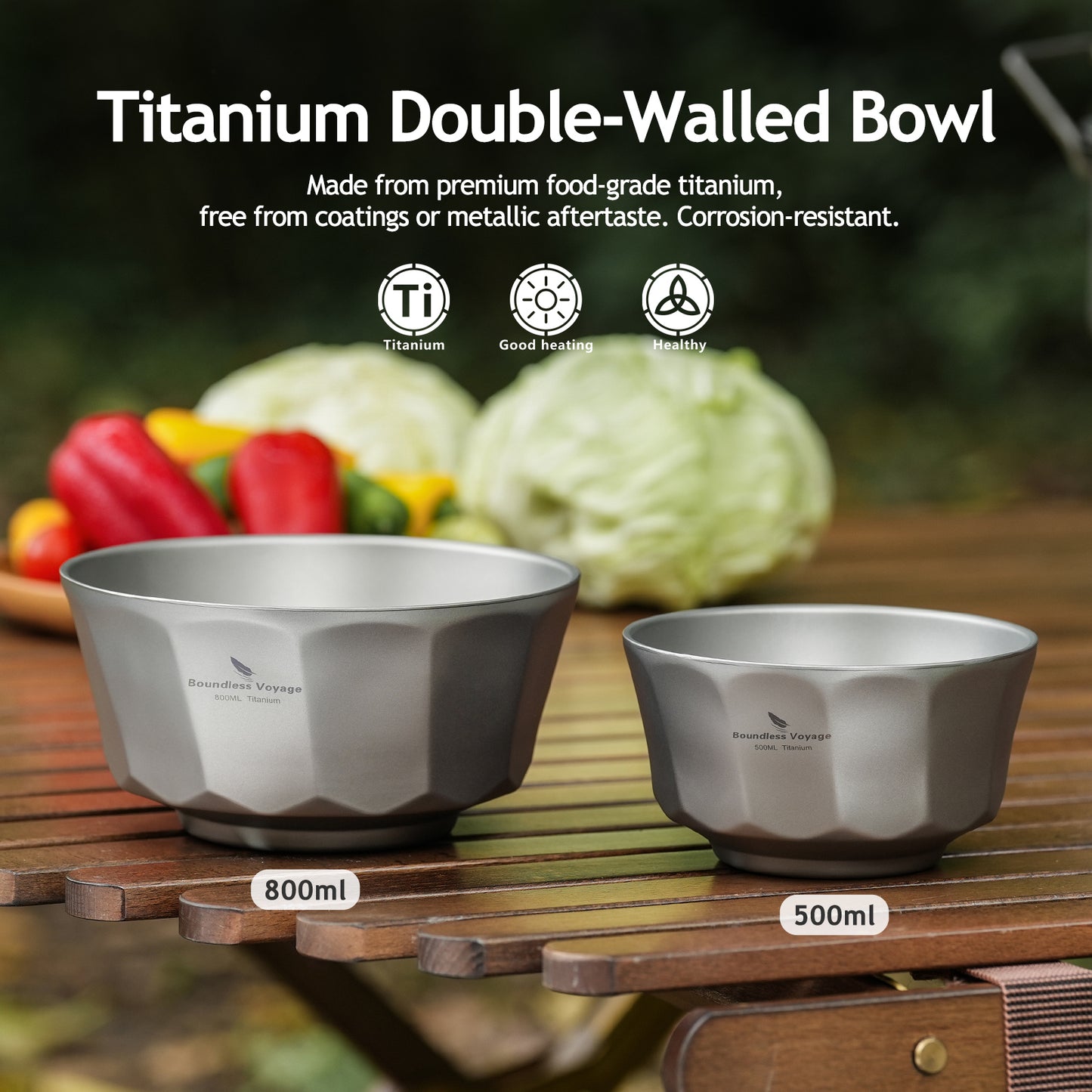 Boundless Voyage Titanium Double-Walled Bowl 500ml & 800ml Anti-Scalding Lightweight, Rust-Proof, for Camping, Hiking, Outdoor & Home Use