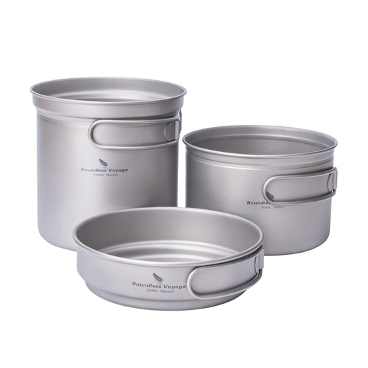 Boundless Voyage Titanium Cookware Set (3-Piece) – Ultralight Camping Pot, Pan & Cooking Set, Nesting TA1 Titanium Gear for Backpacking, Hiking & Outdoor Cookin