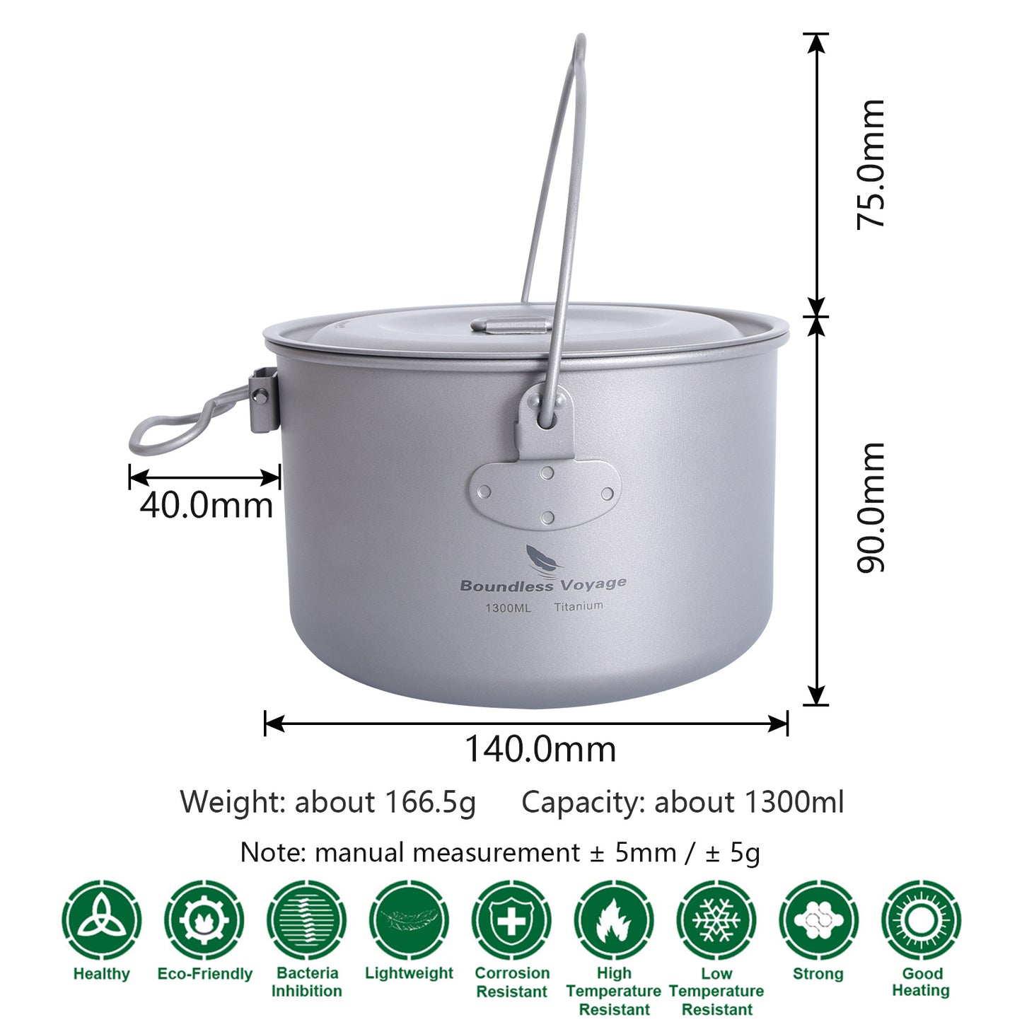 Boundless Voyage For Outdoor Camping Titanium Pot 1300ml with Lid Folding Handle Hiking Picnic Portable Soup Pot