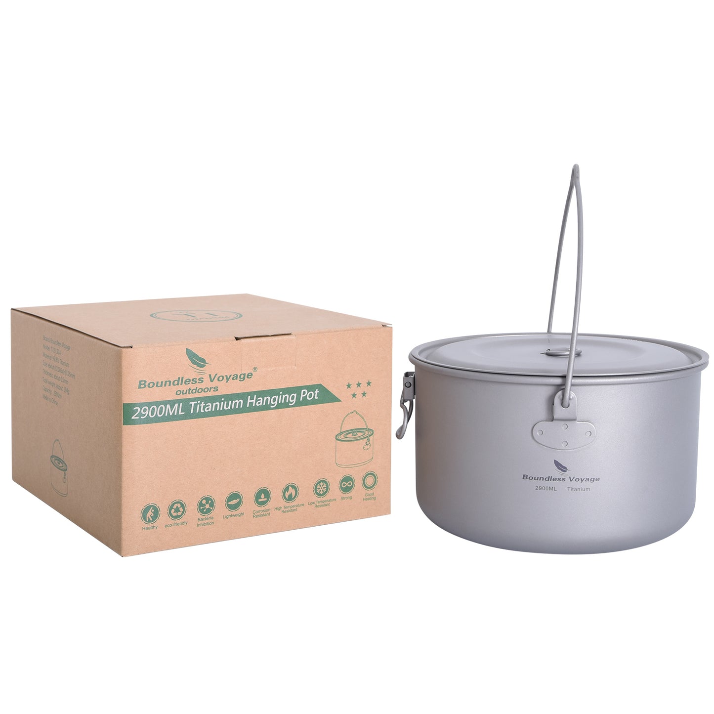 Boundless Voyage 2900ml TA1 Titanium Hanging Pot – Ultralight Large-Capacity Cooking Pot for Camping, Backpacking & Outdoor Bushcraft
