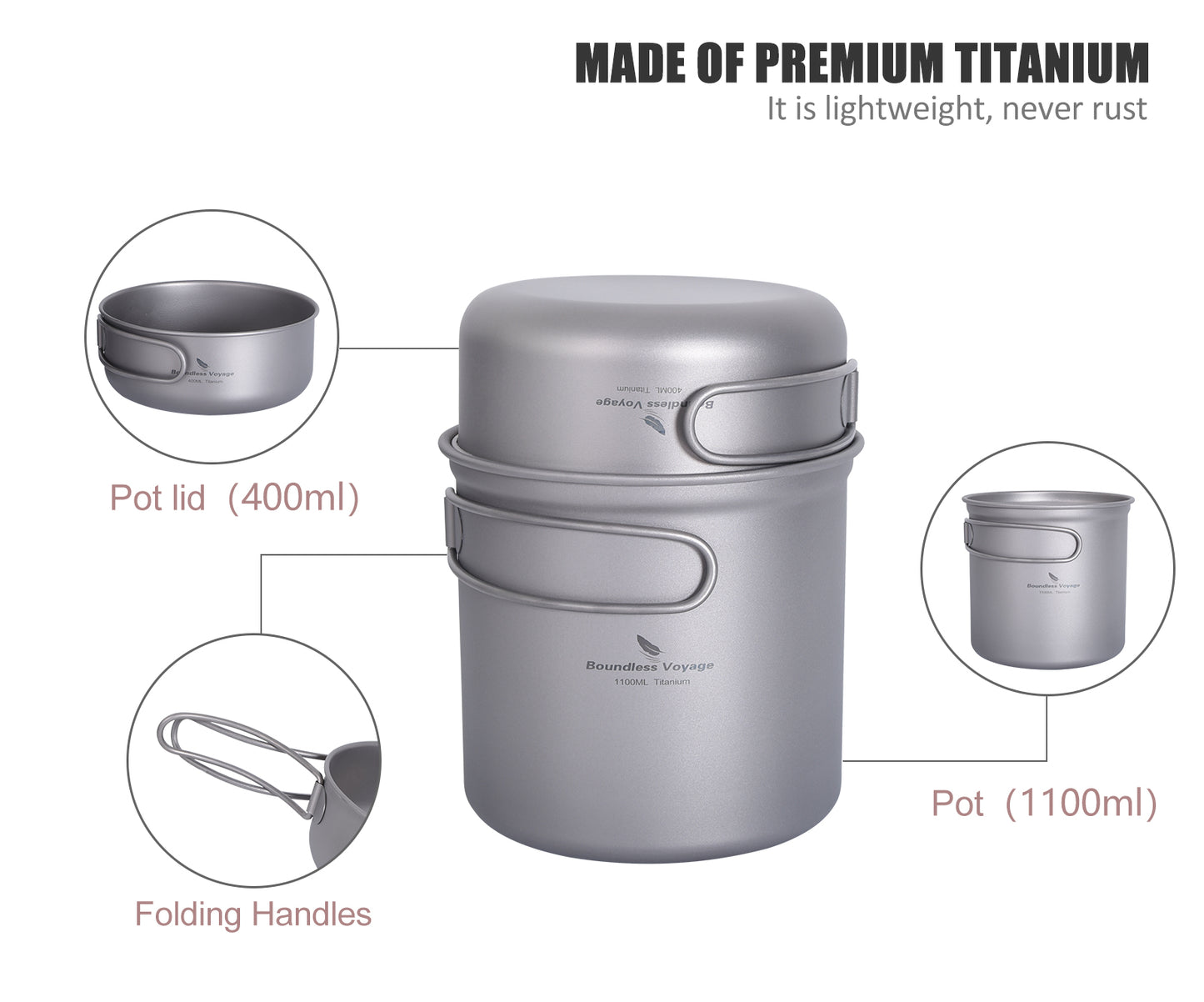 Boundless Voyage Titanium Pot & Pan Mess Kit – Ultralight 1100ml+400ml Camping Cookware Set with Folding Handles, Nesting TA1 Titanium Mug Plate Set for Backpacking & Hiking