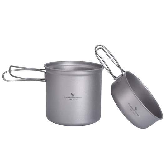 Boundless Voyage Titanium Pot & Pan Mess Kit – Ultralight 1100ml+400ml Camping Cookware Set with Folding Handles, Nesting TA1 Titanium Mug Plate Set for Backpacking & Hiking