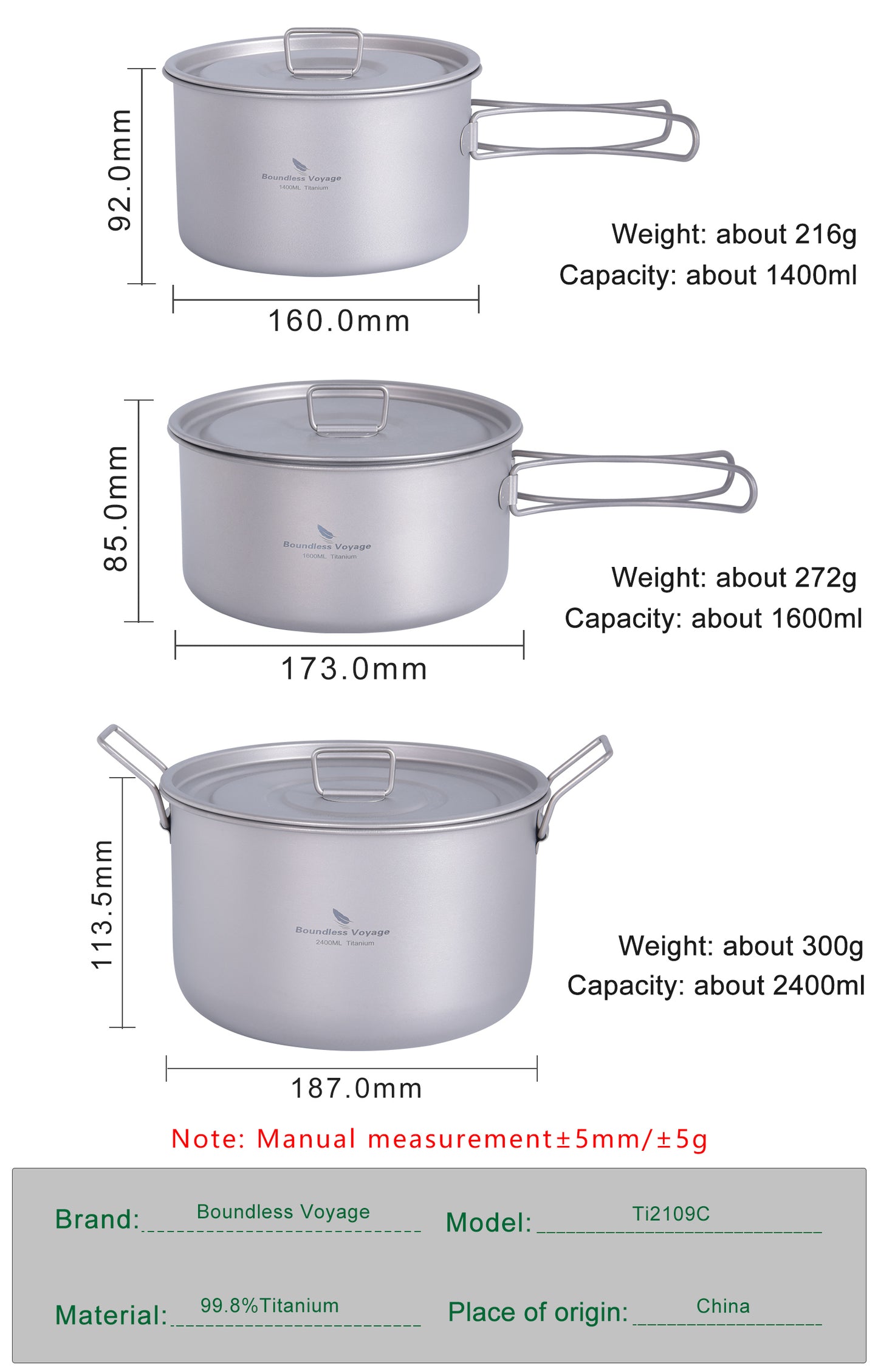 Boundless Voyage Titanium 3pcs Camping Cookware Mess Kit, Camping Cooking Set, Portable Nonstick Camp Pots Set 1.4L 1.6L 2.4L for Outdoor Camping
